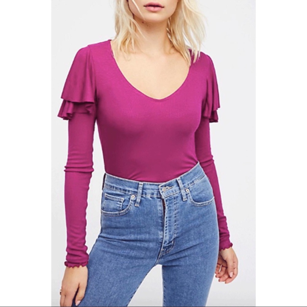 Free People On Rewind Ruffle Lettuce Edge Trim Top - Picture 3 of 7